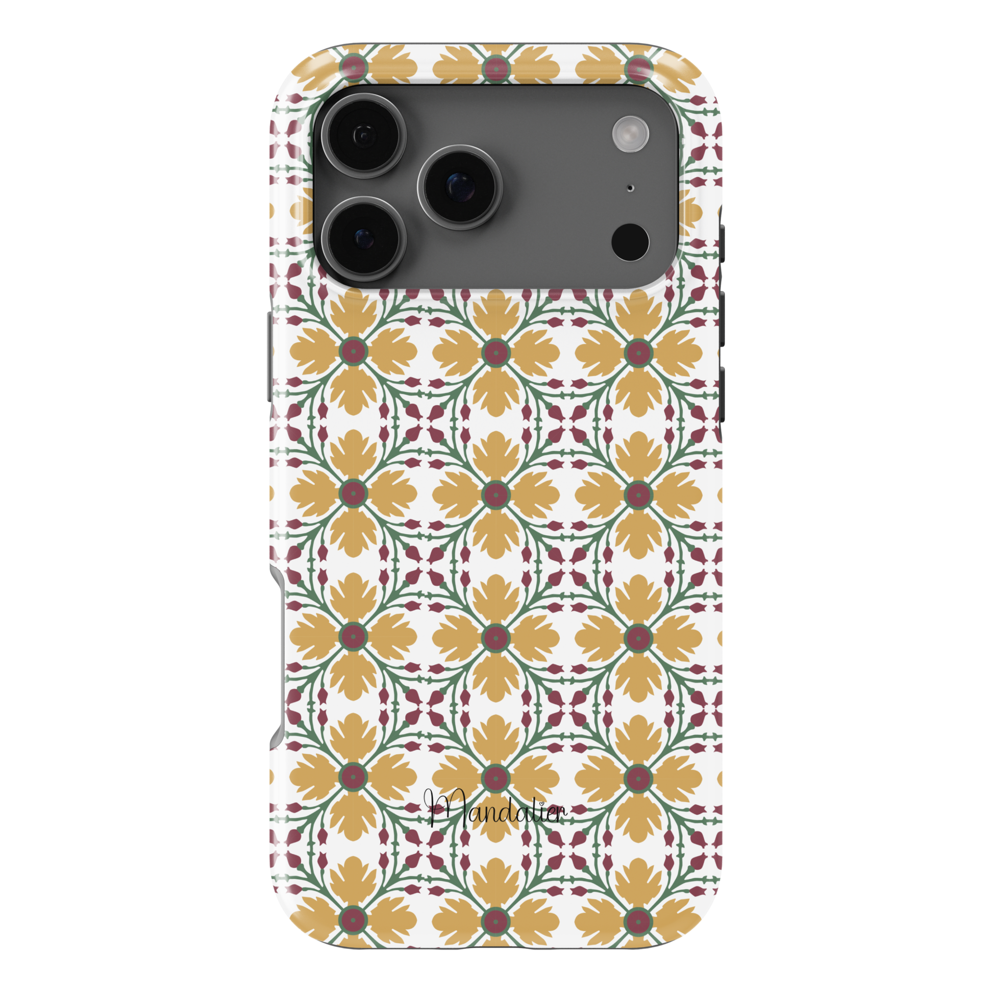 Maduma Lellux phone case by Mandalier with Maltese tile-inspired pattern in warm yellow tones, glossy finish, available in MagSafe and tough dual-layer protective options