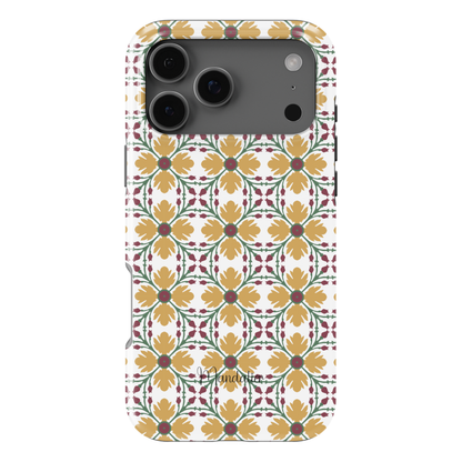 Maduma Lellux phone case by Mandalier with Maltese tile-inspired pattern in warm yellow tones, glossy finish, available in MagSafe and tough dual-layer protective options