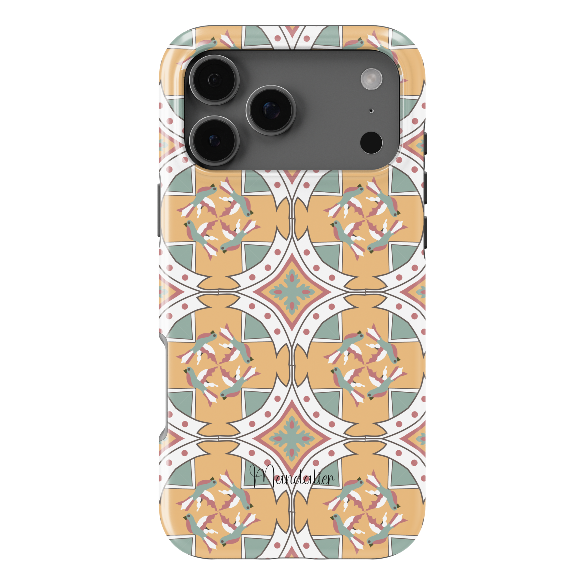 Maduma tal-Għasafar phone case with Maltese tile-inspired pattern and delicate bird motifs, Mediterranean design, glossy finish, available in MagSafe and tough dual-layer protective options