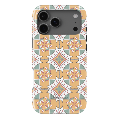 Maduma tal-Għasafar phone case with Maltese tile-inspired pattern and delicate bird motifs, Mediterranean design, glossy finish, available in MagSafe and tough dual-layer protective options