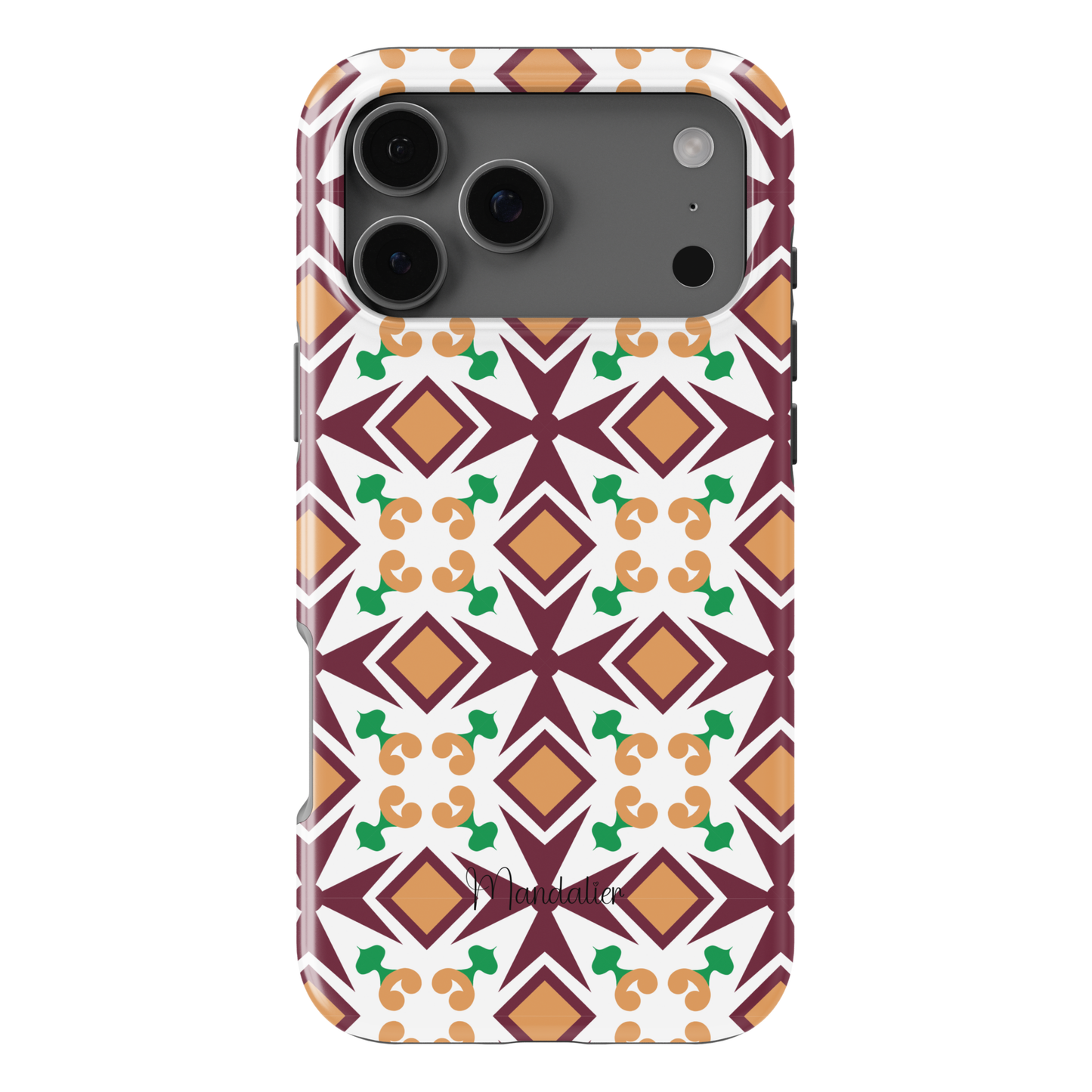 Maduma Irjali phone case by Mandalier with Maltese tile-inspired pattern in rich regal tones, glossy finish, available in MagSafe and tough dual-layer protective options