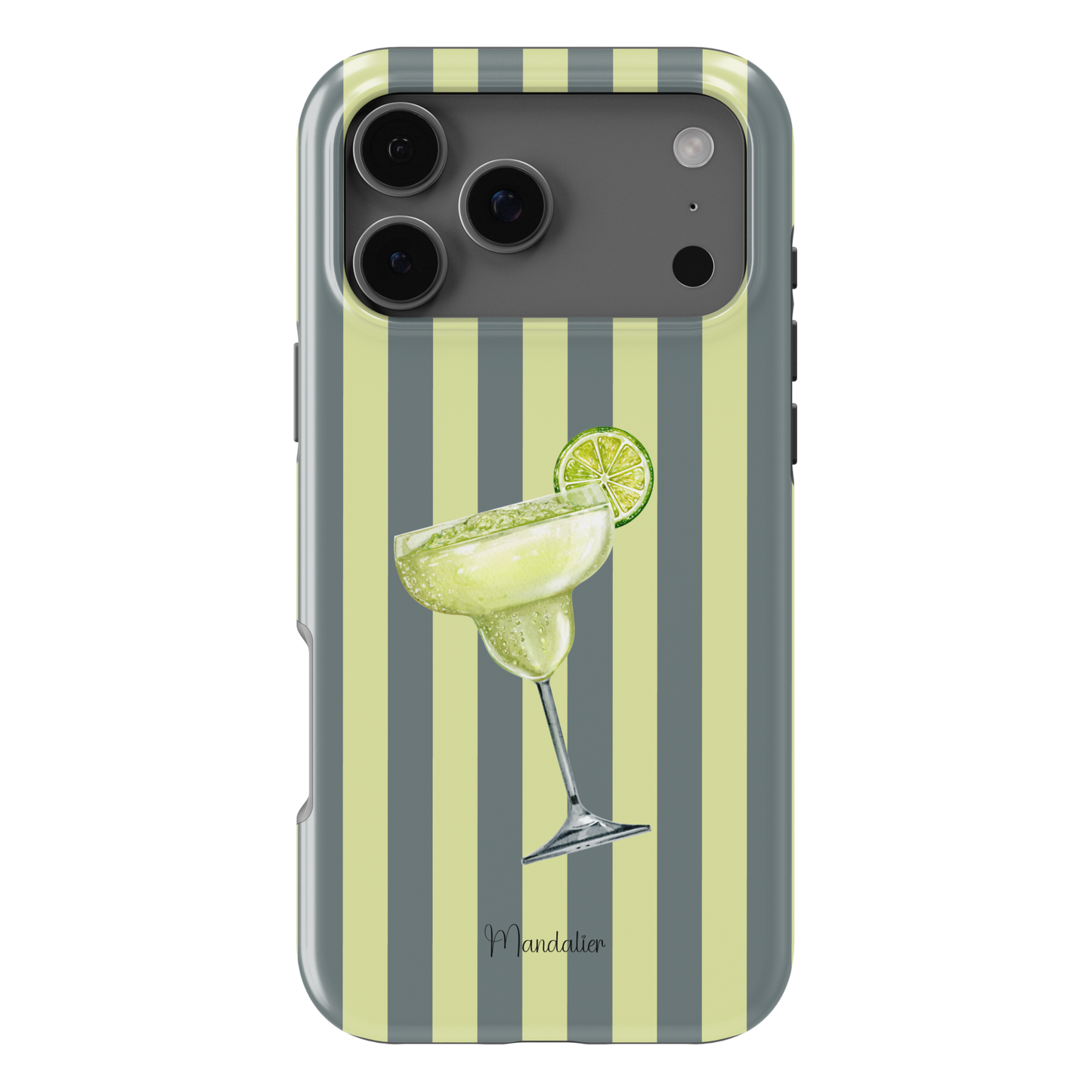 Margarita phone case with lime cocktail illustration and striped design, available in MagSafe and tough dual-layer protective options, designed in Malta