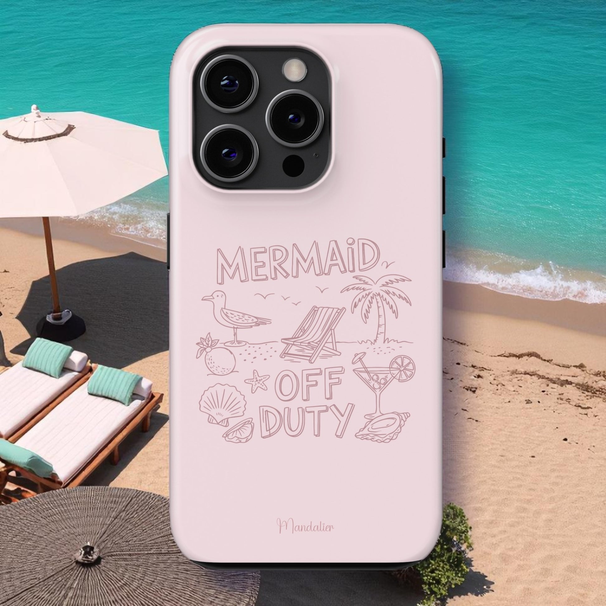 Glossy phone case “Mermaid Off Duty” by Mandalier with ocean tones, styled for beach lovers and modern mermaids.

