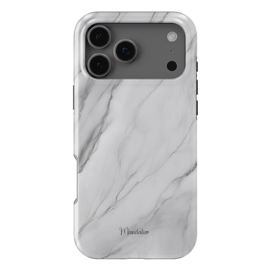 Misty Grey phone case with sleek marble-inspired design in soft grey tones, available in MagSafe and tough dual-layer protective options, designed in Malta
