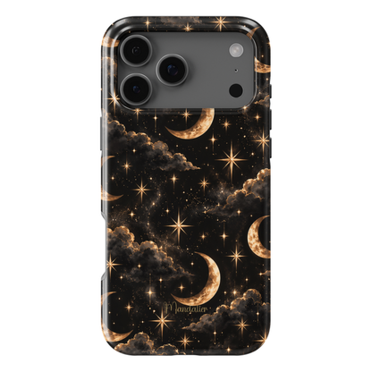 Moonlit phone case featuring golden crescent moons, twinkling stars, and dark clouds on a black background from the After Dark Collection, available in MagSafe and Tough options
