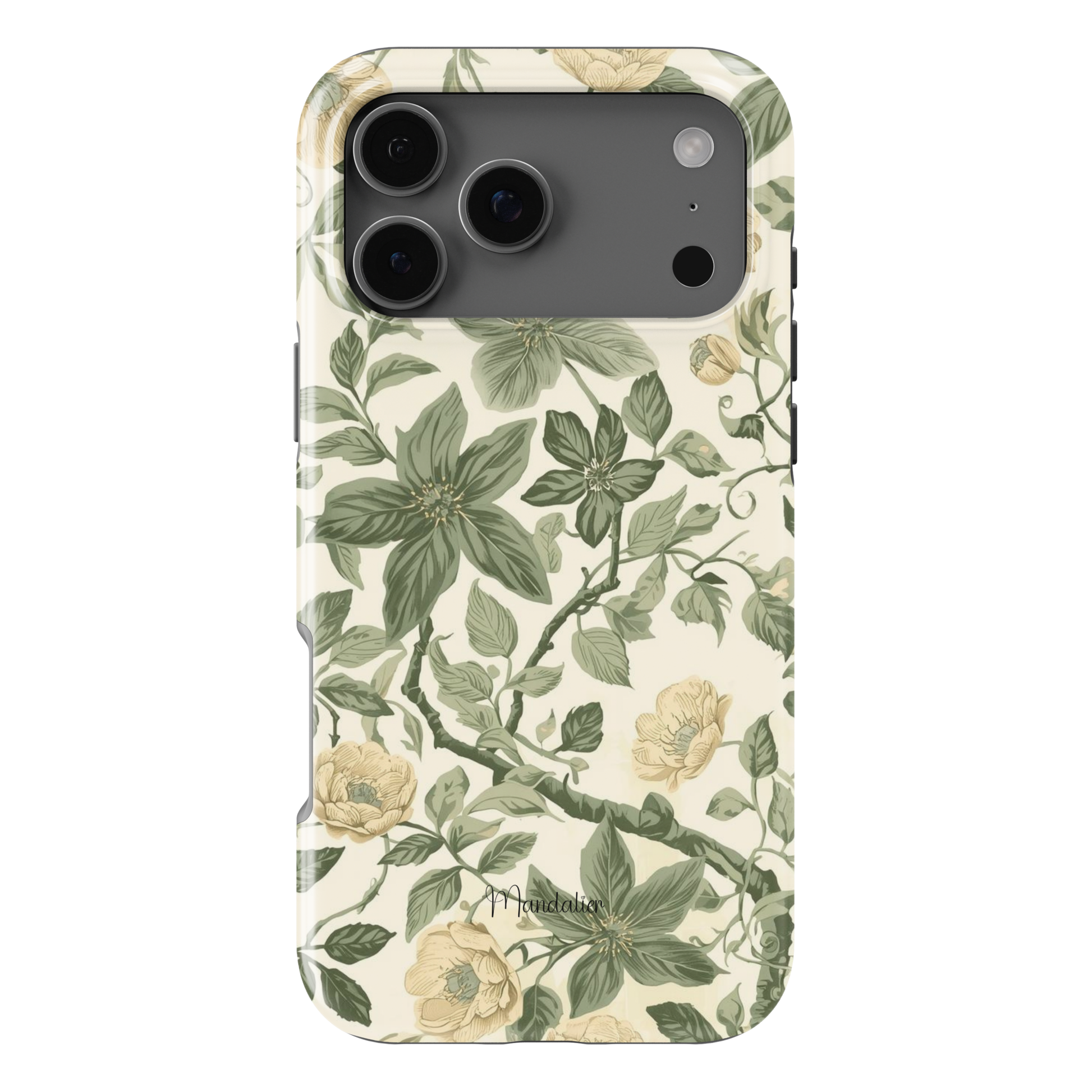Olive Bloom phone case with olive green botanical-inspired design, available in MagSafe and tough dual-layer protective options, designed in Malta