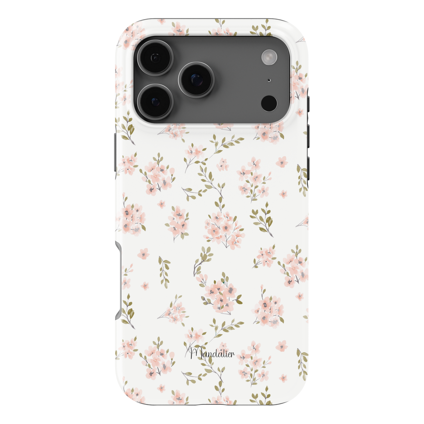 Pink Petal Paradise phone case with soft pink floral petal design, dreamy feminine aesthetic, glossy finish, available in MagSafe and tough dual-layer protective options