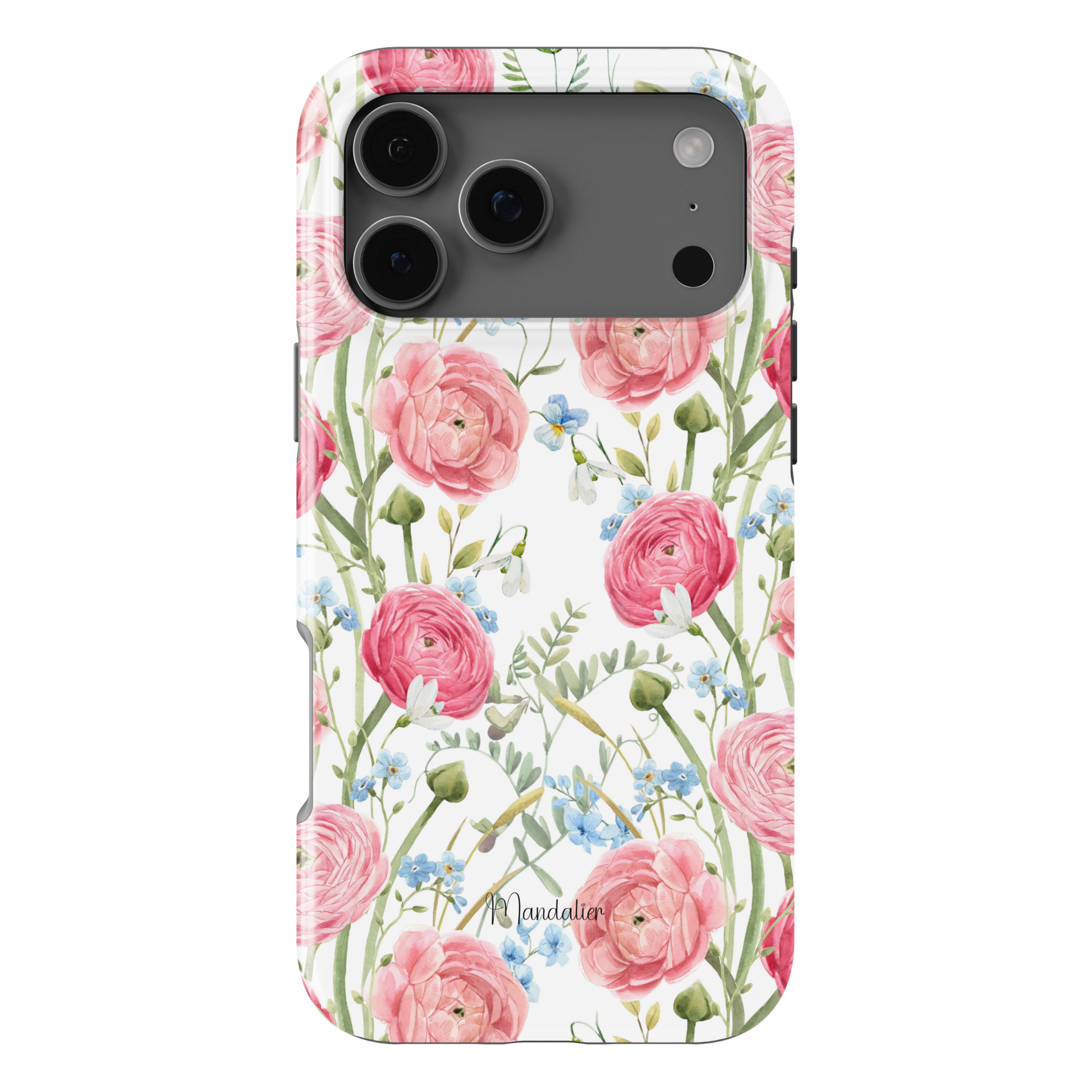 Pink Floral Elegance phone case with delicate pink floral design, feminine aesthetic, glossy finish, available in MagSafe and tough dual-layer protective options