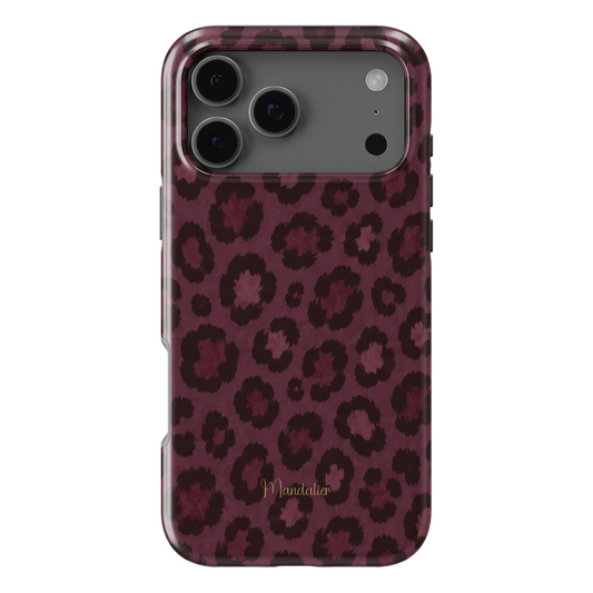 Plum Leopard phone case with rich plum and leopard-inspired pattern from the Autumn Muse Collection, available in MagSafe and Tough options