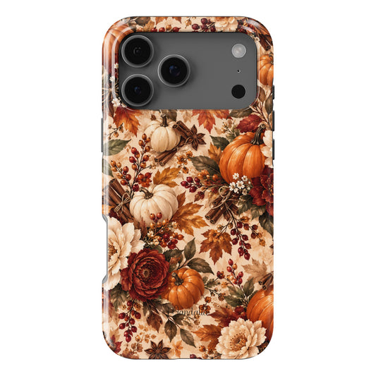 Pumpkin Spice phone case featuring pumpkins, florals, cinnamon sticks, berries, and autumn leaves in warm orange and cream tones from the After Dark Collection, available in MagSafe and Tough options