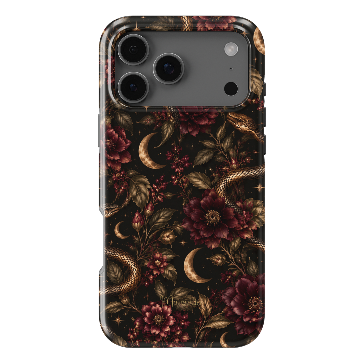Venom phone case featuring burgundy florals, golden snakes, crescent moons, and subtle star details on a black background from the After Dark Collection, available in MagSafe and Tough options
